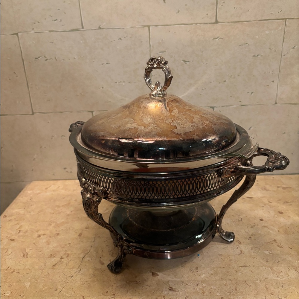 Round vintage silver-plated chafing dish With Never Used anchor hocking Dish